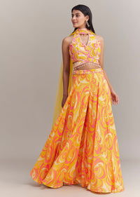 Yellow Crepe Abstract Printed Embroidered Lehenga Set