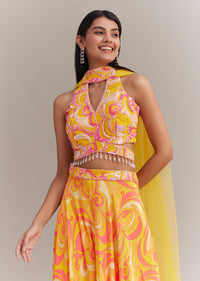 Yellow Crepe Abstract Printed Embroidered Lehenga Set