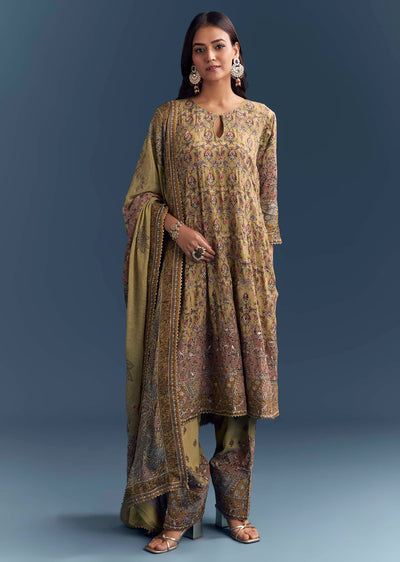 Yellow Crepe Printed Kurta Set With Gota Work