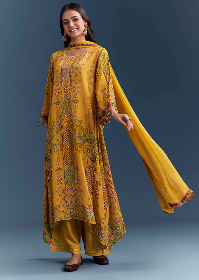 Yellow Crepe Printed Kurta Set With Sequins Work