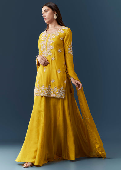 Yellow Cutdana Work Kurta and Skirt Set