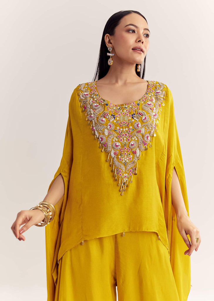 Yellow Dola Silk Cape Kurta Set With Embroidery