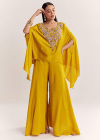 Yellow Dola Silk Cape Kurta Set With Embroidery