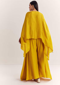 Yellow Dola Silk Cape Kurta Set With Embroidery