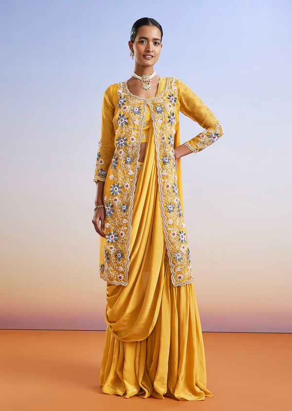 Yellow Embroidered Crop Top Sharara Set With Jacket