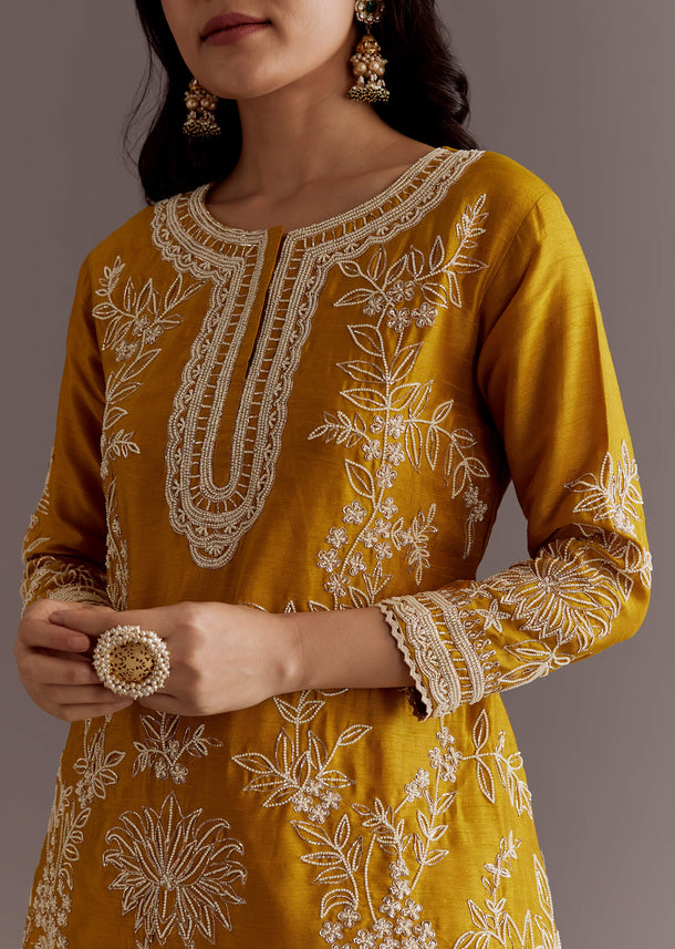 Yellow Embroidered Short Kurta With Silk Satin Dhoti