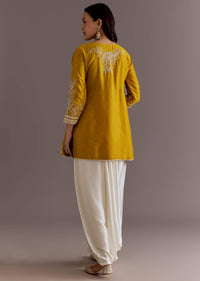 Yellow Embroidered Short Kurta With Silk Satin Dhoti
