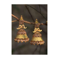 Yellow Ethnic Jhumkas With Carved Design Crystals And Dangling Pearls Online - Kalki Fashion