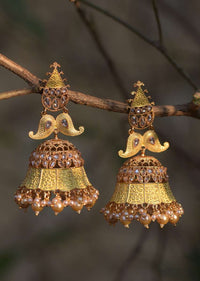 Yellow Ethnic Jhumkas With Carved Design Crystals And Dangling Pearls Online - Kalki Fashion