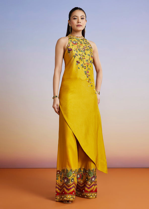 Yellow Floral Printed Silk Blend Co-ord Set