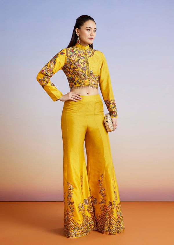 Yellow Floral Printed Silk Blend Crop Top Palazzo Set