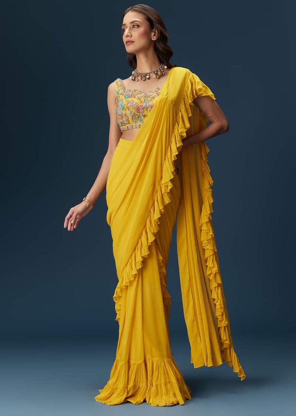 Yellow Frill Saree With Floral Embroidery