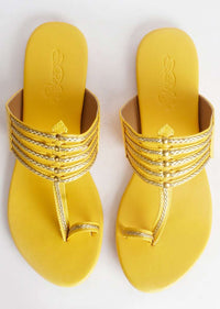 Yellow Kolhapuri With Gold Braiding And Gold Rivets By Sole House