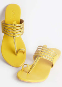 Yellow Kolhapuri With Gold Braiding And Gold Rivets By Sole House