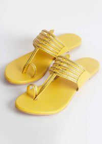 Yellow Kolhapuri With Gold Braiding And Gold Rivets By Sole House