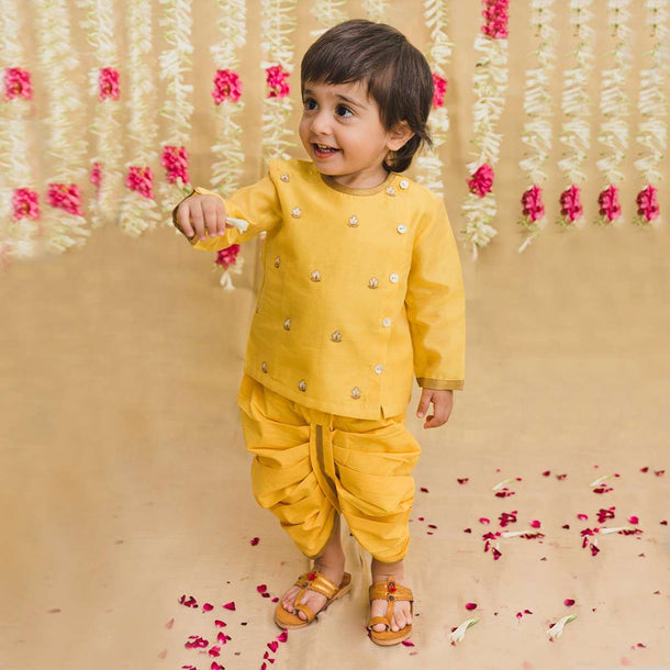 Kalki Boys Yellow Kurta And Dhoti Set In Chanderi Cotton Silk With Zari Embroidered Floral Butti Work By Tiber Taber