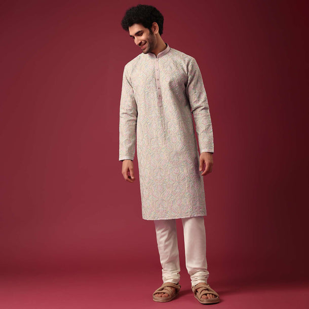Green Kurta Set In Silk with Floral Embroidery