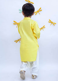 Kalki Boys Yellow Kurta With Dori Work Paired With White Dhoti Pants By Fayon Kids