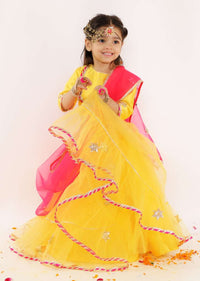 Kalki Girls Yellow Lehenga And Crop Top Set With Gotta Flowers On The Hem And Pink Dupatta Online - Kalki Fashion