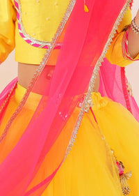 Kalki Girls Yellow Lehenga And Crop Top Set With Gotta Flowers On The Hem And Pink Dupatta Online - Kalki Fashion