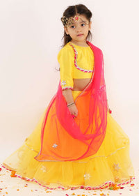 Kalki Girls Yellow Lehenga And Crop Top Set With Gotta Flowers On The Hem And Pink Dupatta Online - Kalki Fashion