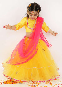 Kalki Girls Yellow Lehenga And Crop Top Set With Gotta Flowers On The Hem And Pink Dupatta Online - Kalki Fashion