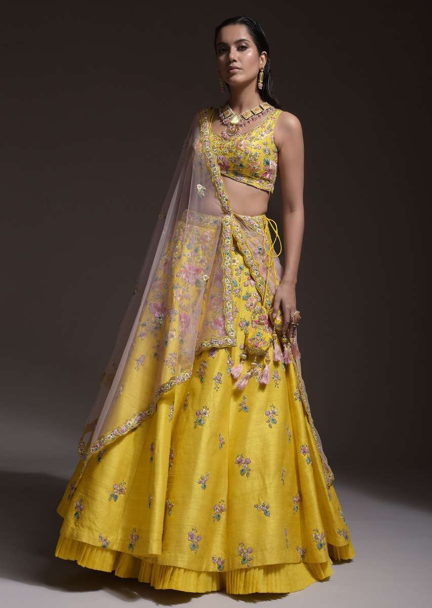 Yellow Lehenga Choli In Raw Silk With Resham, Cut Dana And Sequins Embroidered Summertime Blossoms