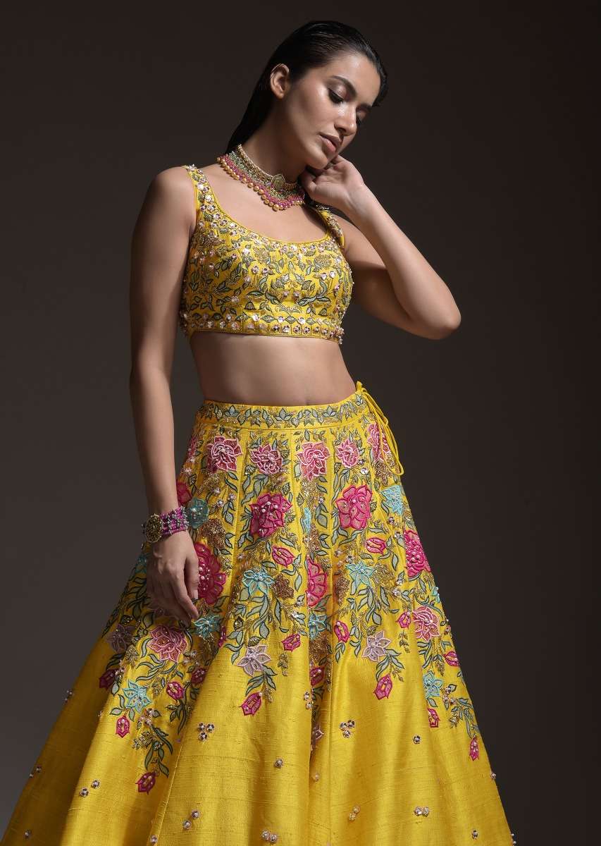 Yellow Lehenga Choli In Raw Silk With Resham, Cut Dana And Sequins Embroidered Summertime Blossoms