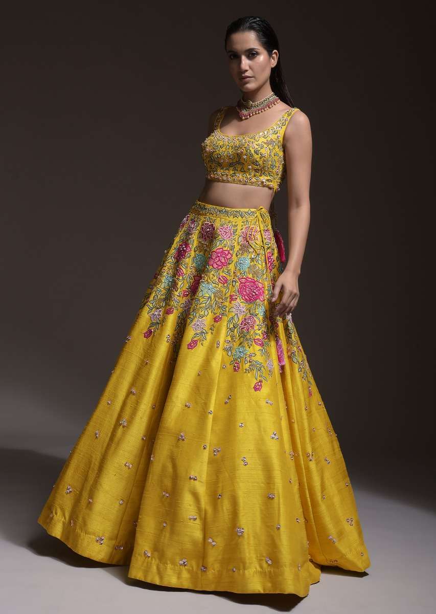 Yellow Lehenga Choli In Raw Silk With Resham, Cut Dana And Sequins Embroidered Summertime Blossoms