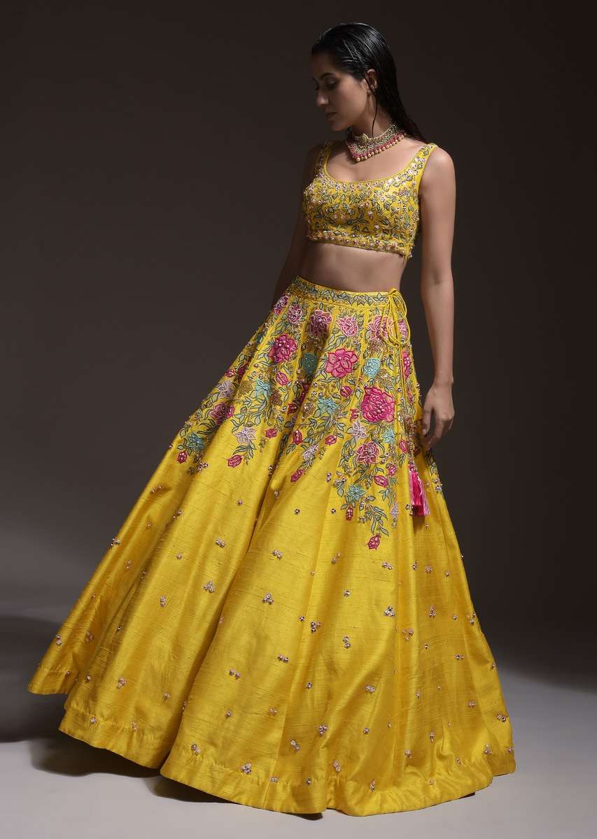 Yellow Lehenga Choli In Raw Silk With Resham, Cut Dana And Sequins Embroidered Summertime Blossoms