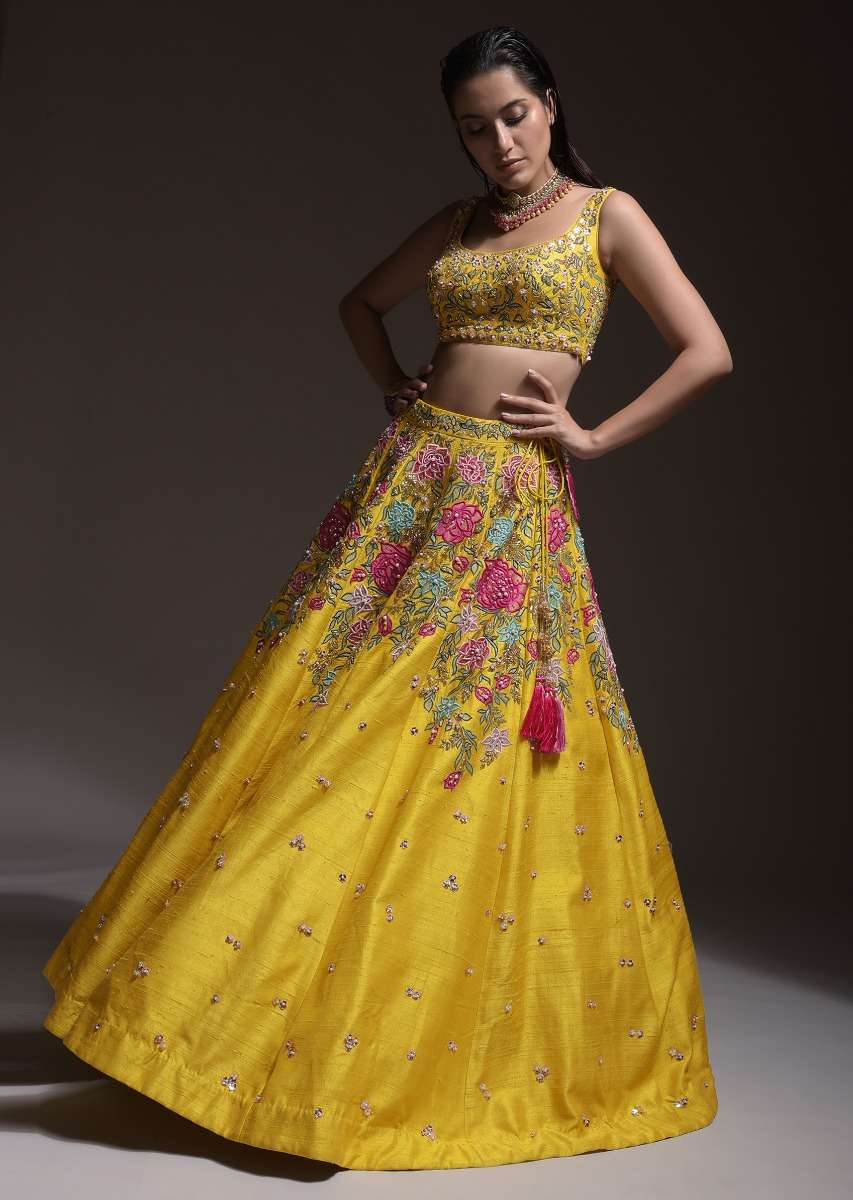 Yellow Lehenga Choli In Raw Silk With Resham, Cut Dana And Sequins Embroidered Summertime Blossoms