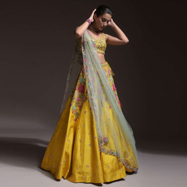 Yellow Lehenga Choli In Raw Silk With Resham, Cut Dana And Sequins Embroidered Summertime Blossoms