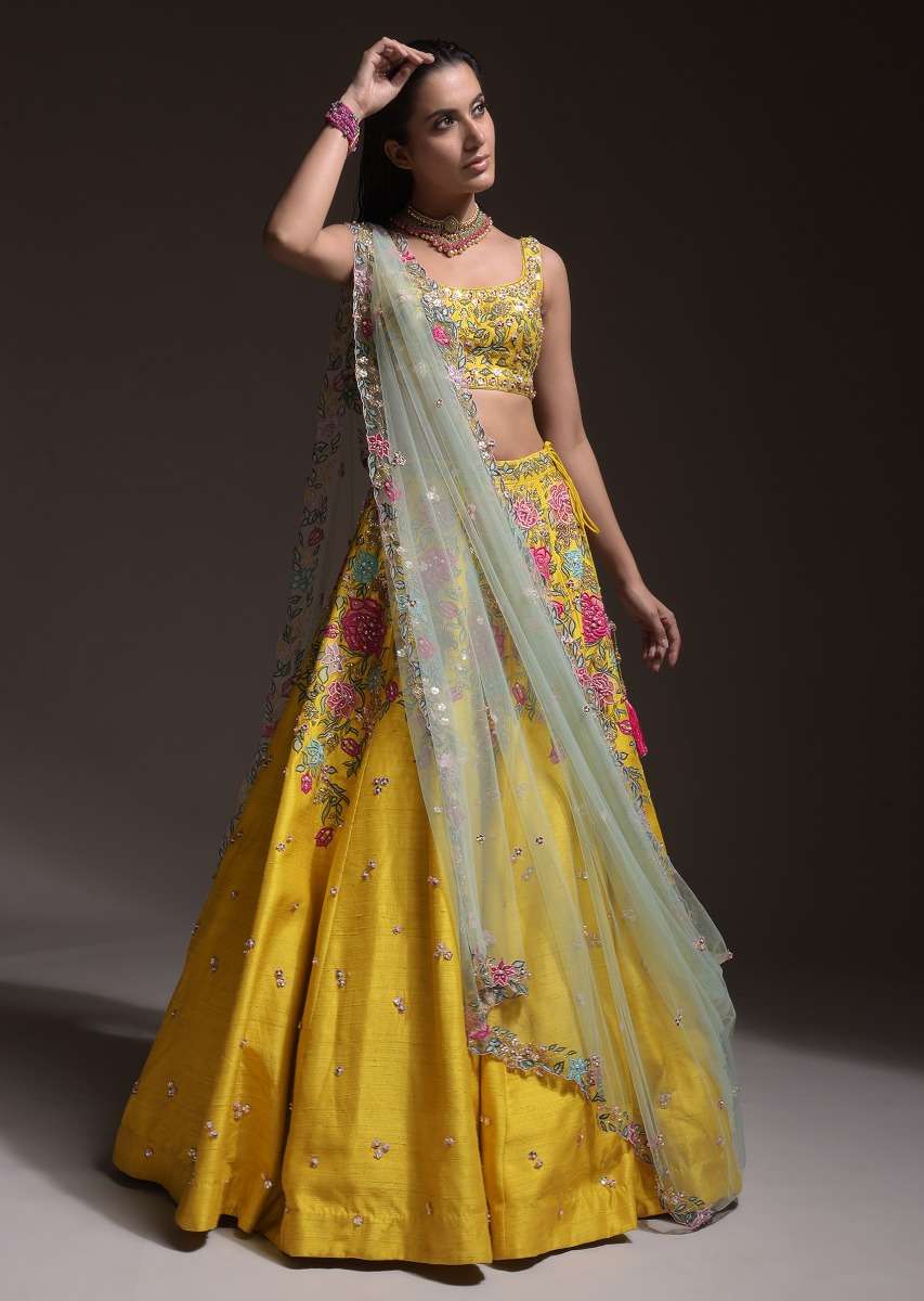 Yellow Lehenga Choli In Raw Silk With Resham, Cut Dana And Sequins Embroidered Summertime Blossoms