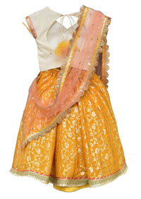 Yellow Lehenga In Brocade Silk With Weaved Floral Jaal And Off White Choli By Fayon Kids