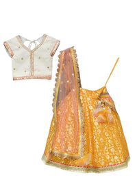 Yellow Lehenga In Brocade Silk With Weaved Floral Jaal And Off White Choli By Fayon Kids