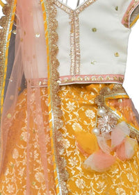 Yellow Lehenga In Brocade Silk With Weaved Floral Jaal And Off White Choli By Fayon Kids