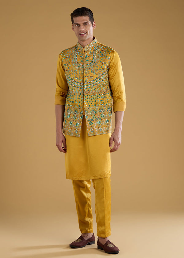 Yellow Linen Satin Silk Embroidered Mens Jacket Kurta Set