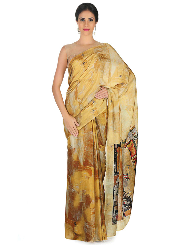 Yellow and mustard self printed saree only on Kalki