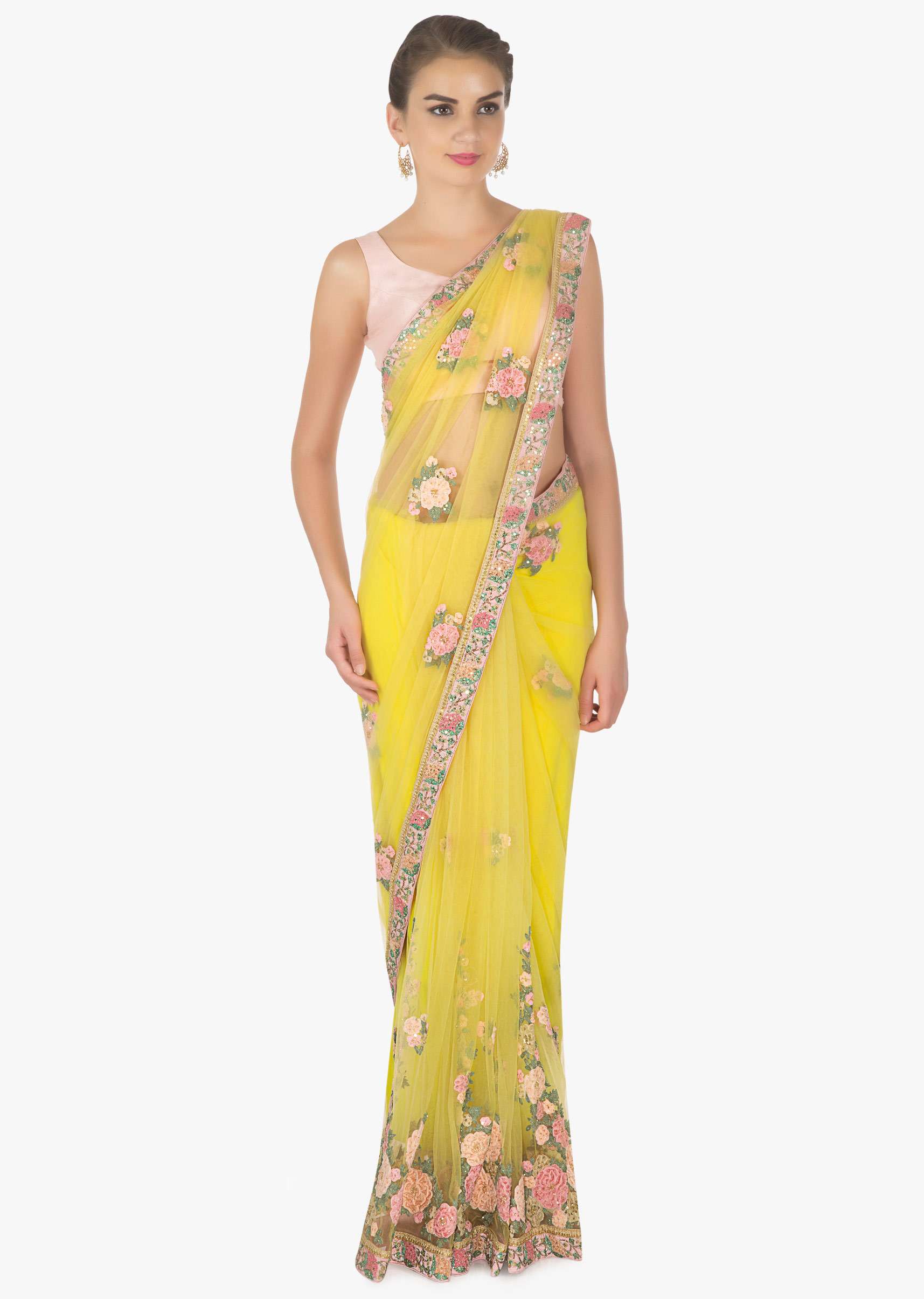 Yellow net saree in 3D flower with velvet patch