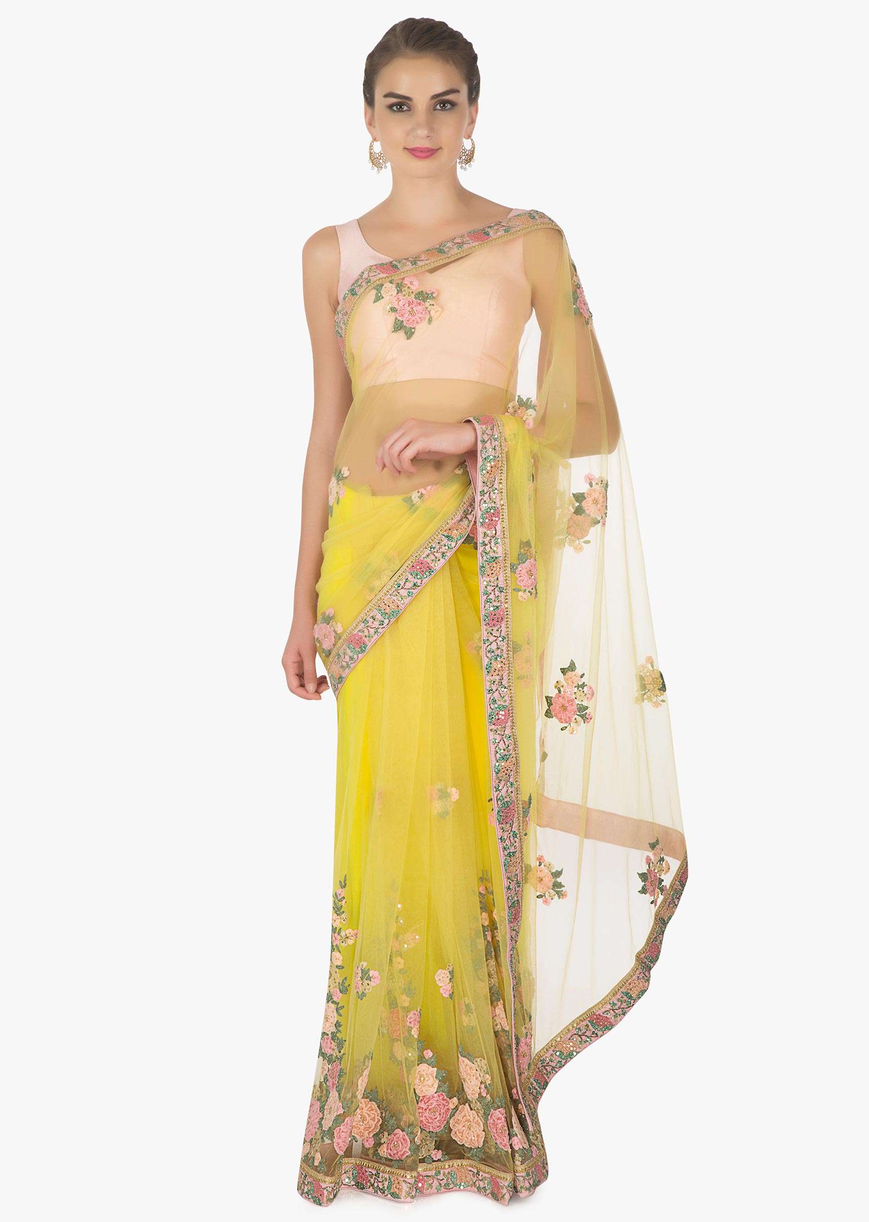 Yellow net saree in 3D flower with velvet patch