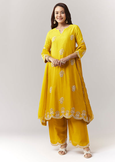 Yellow Ombre Moti Gotta Anarkali Palazzo Set With Dupatta