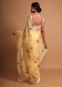 Yellow organza saree with floral digital print Online - Kalki Fashion