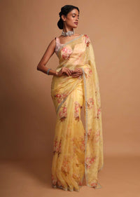 Yellow organza saree with floral digital print Online - Kalki Fashion