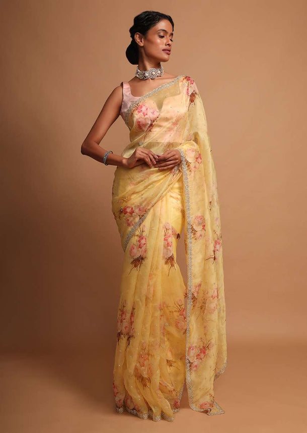 Yellow organza saree with floral digital print Online - Kalki Fashion