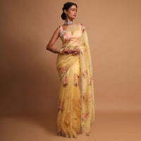 Yellow organza saree with floral digital print Online - Kalki Fashion