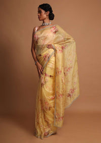 Yellow organza saree with floral digital print Online - Kalki Fashion