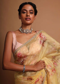 Yellow organza saree with floral digital print Online - Kalki Fashion