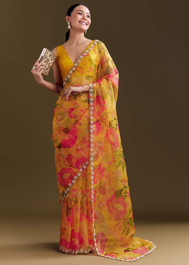 Yellow Organza Saree With Floral Print And Beaded Border