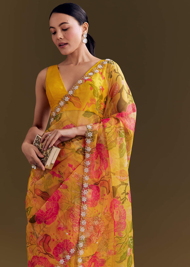 Yellow Organza Saree With Floral Print And Beaded Border