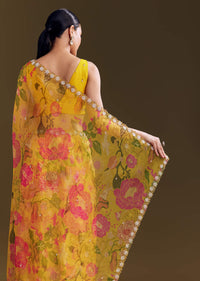 Yellow Organza Saree With Floral Print And Beaded Border